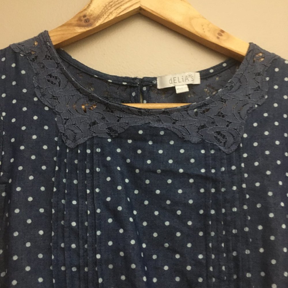 VTG Y2K dELiA*s Lace Cotton Blue & White Polka Dot Dress RARE Vintage Midi Mini - Picture 4 of 16